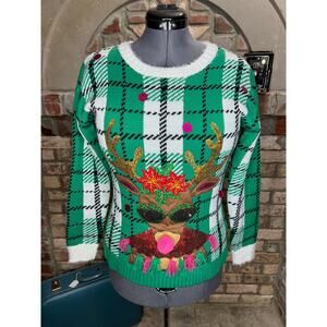 Celebrate together ugly christmas sweater reindeer rudolph plaid red green pink